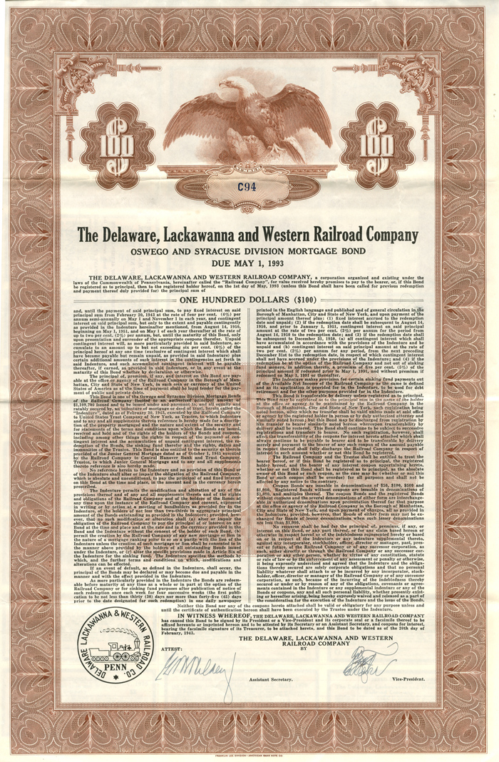 Delaware, Lackawanna and Western Railroad Co. - Various Denominations Bond